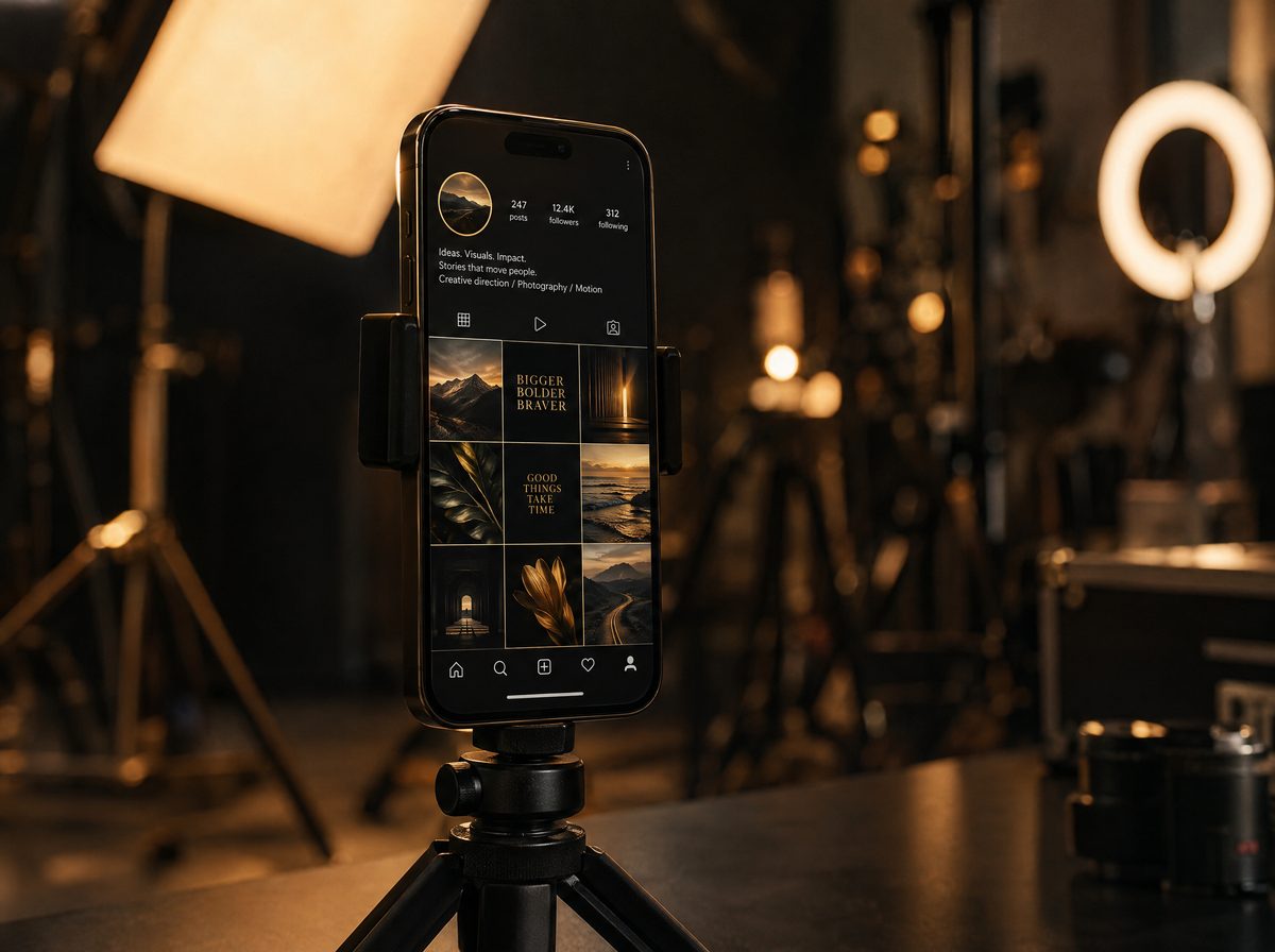 Smartphone auf Stativ im Studio mit Social-Media-Profil