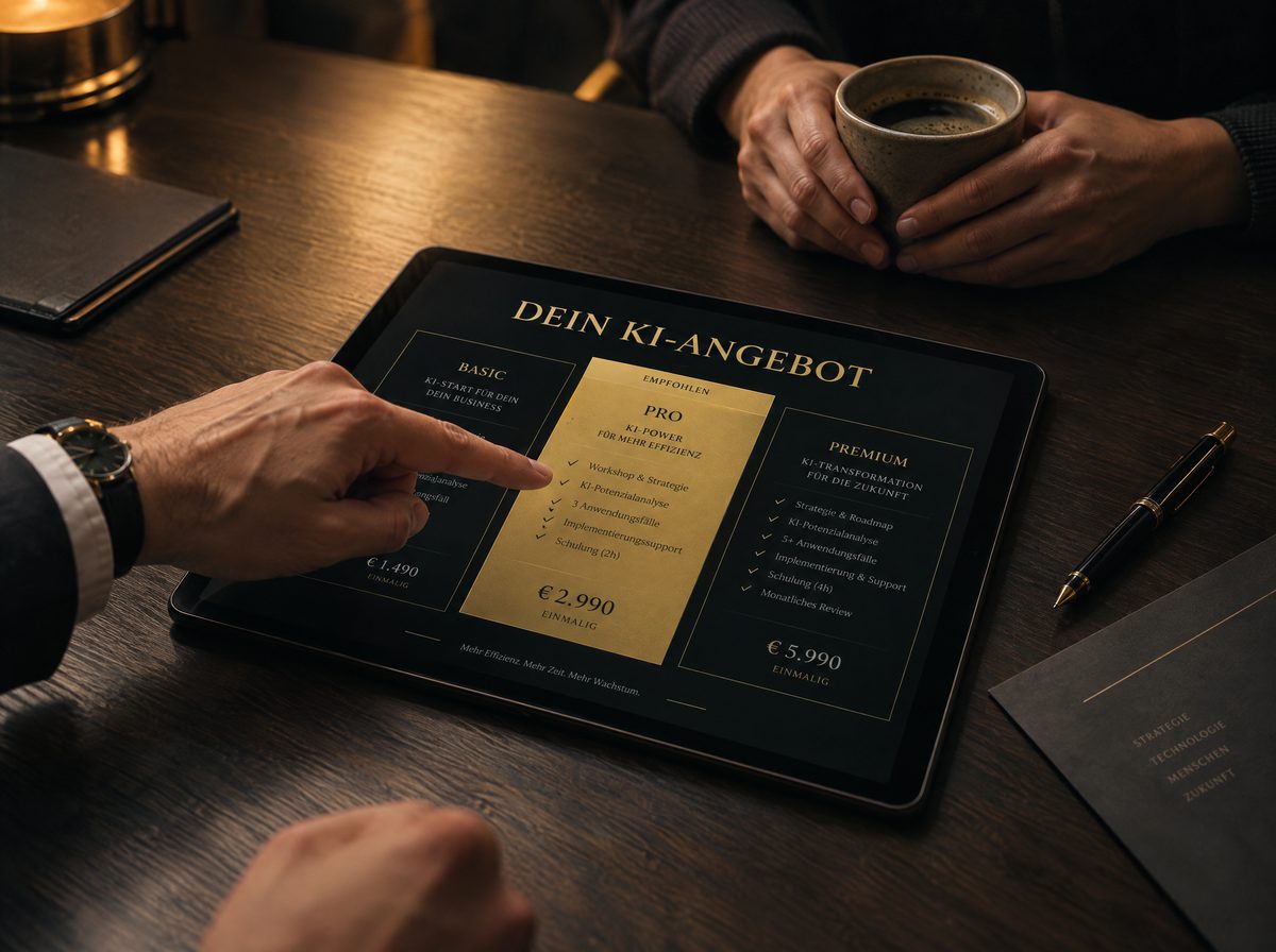 Tablet mit einem KI-Angebot auf dem Besprechungstisch