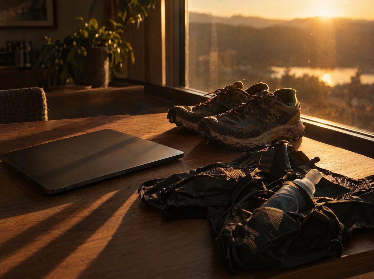 Zugeklappter Laptop und Laufschuhe im Abendlicht